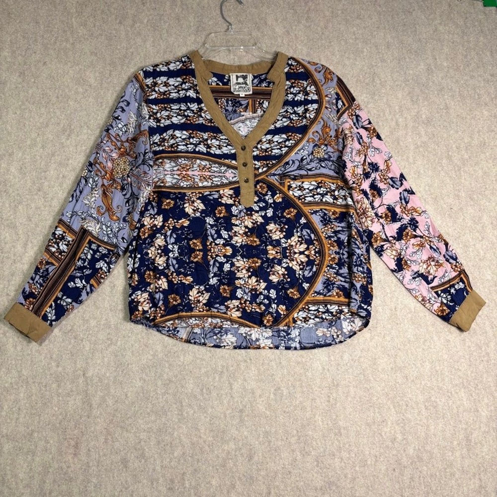 Jaase Blouse Womens Medium Multicolor Rayon Scarf Print Henley Boho Chic Top M